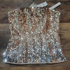 White House Black Market Ambre Bronze Silver Sequined Non-Slip Corset Size 00